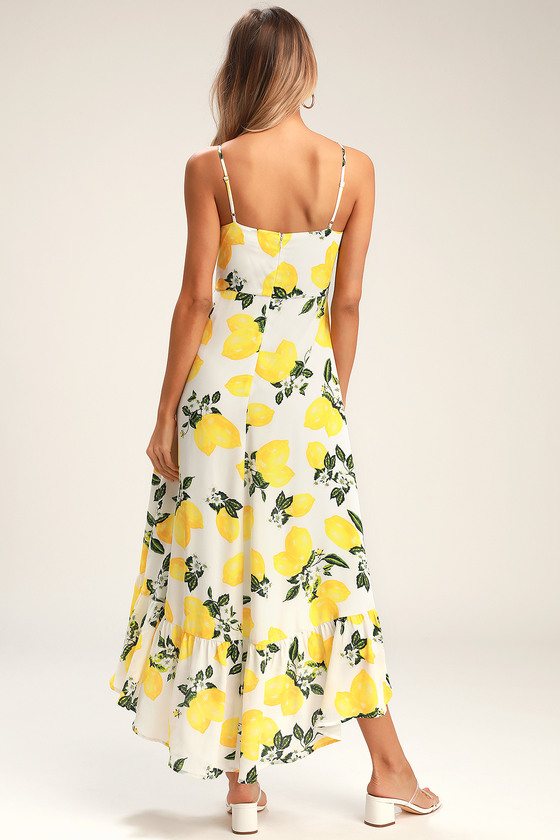 Lemon Print Dress - High-Low Midi Dress ...